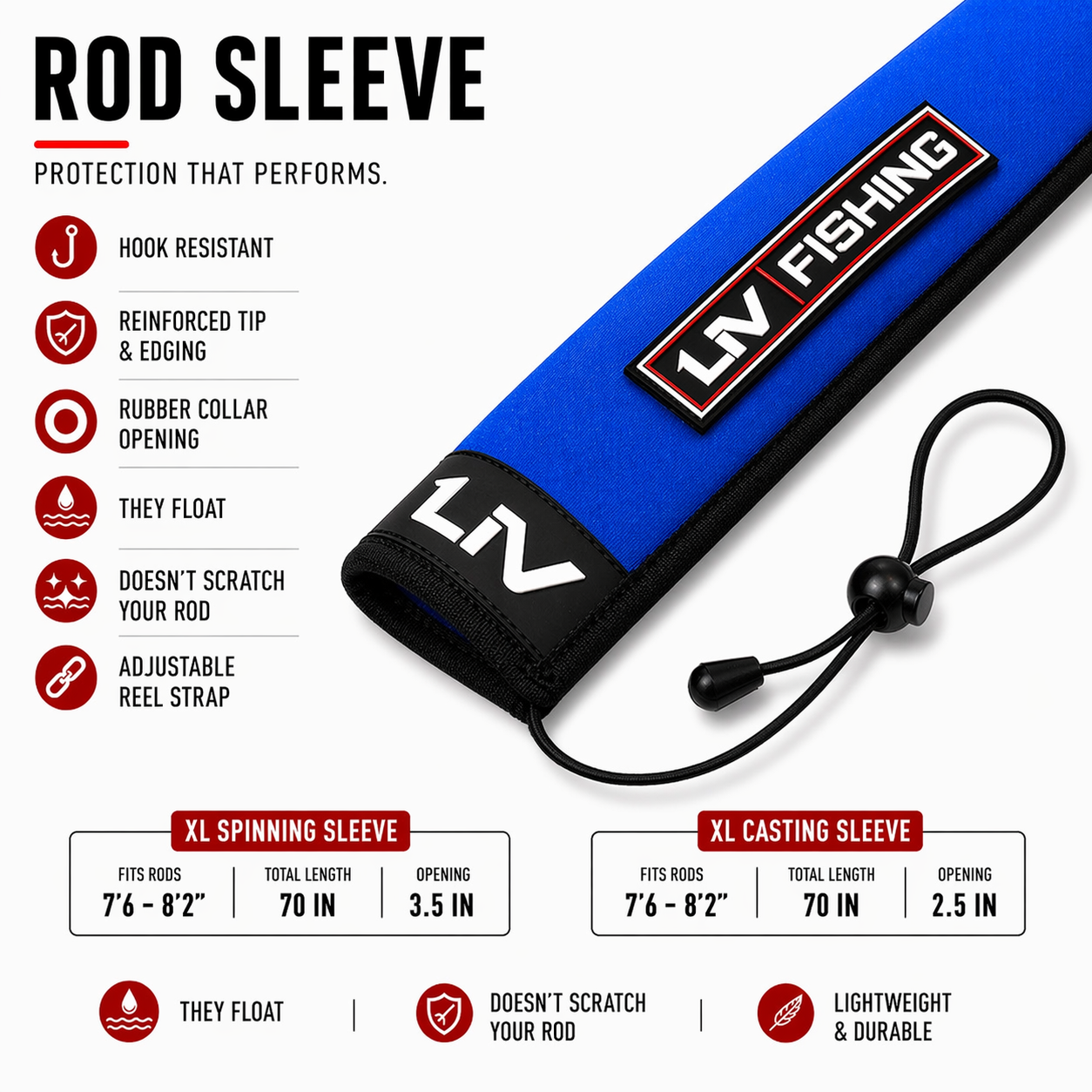 cover a fishing hook rod LIV Fishing XL Rod Sleeve Blue Spinning – Neoprene Snag-Resistant Floating Protective Cover